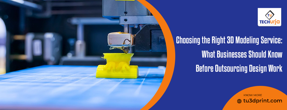 Close-up of a 3D printer producing a yellow model part – representing high-quality 3D modeling and design outsourcing services for businesses by TU TechUrja.