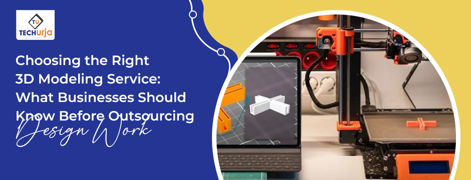 Laptop displaying 3D modeling design beside a 3D printer creating prototype parts – showcasing professional 3D modeling and printing services for business outsourcing by TU TechUrja.