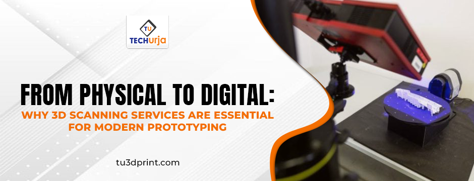 High-precision 3D scanner capturing digital data from a physical prototype, representing Techurja’s modern 3D scanning services for product design.