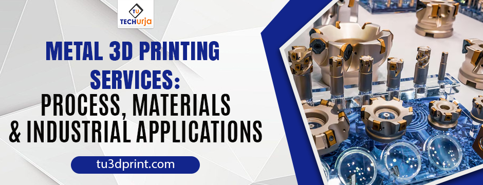 Metal 3D printing services banner showing precision-machined metal parts and industrial components with text: Process, Materials & Industrial Applications.