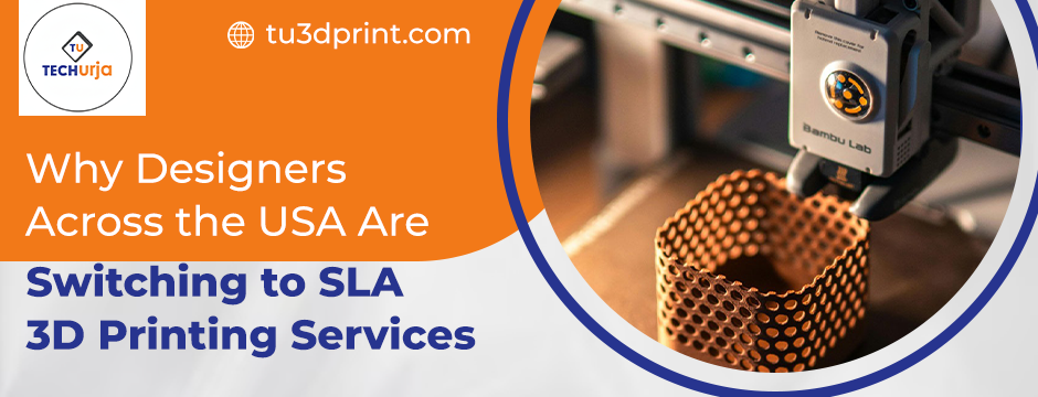 Close-up of advanced SLA 3D printing services USA producing a detailed resin prototype for designers and manufacturers.